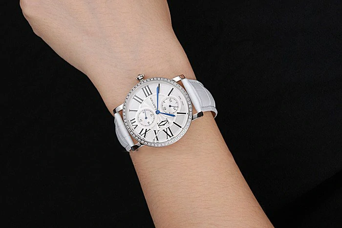 Cartier Ronde Second Time Zone White Dial Stainless Steel Case With Diamonds White Leather Strap new120946