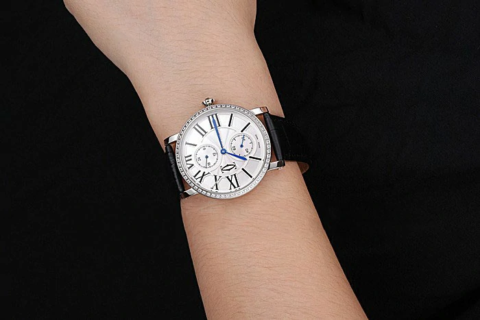 Cartier Ronde Second Time Zone White Dial Stainless Steel Case With Diamonds Black Leather Strap new120947
