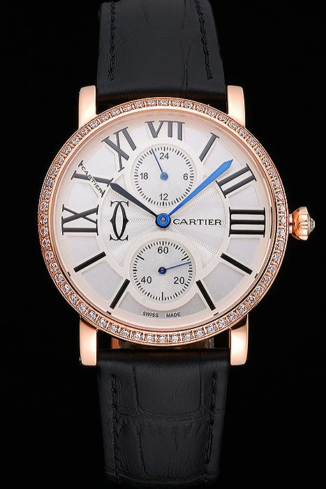 Cartier Ronde Second Time Zone White Dial Gold Case With Diamonds Black Leather Strap new120952