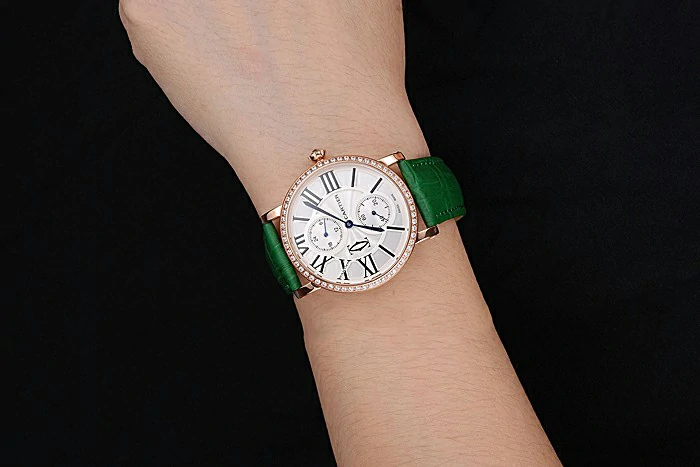 Cartier Ronde Second Time Zone White Dial Gold Case With Diamonds Green Leather Strap new120955