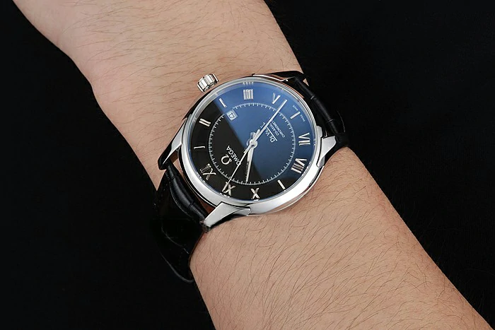 Omega DeVille Black Dial Stainless Steel Case Black Leather Strap new120972