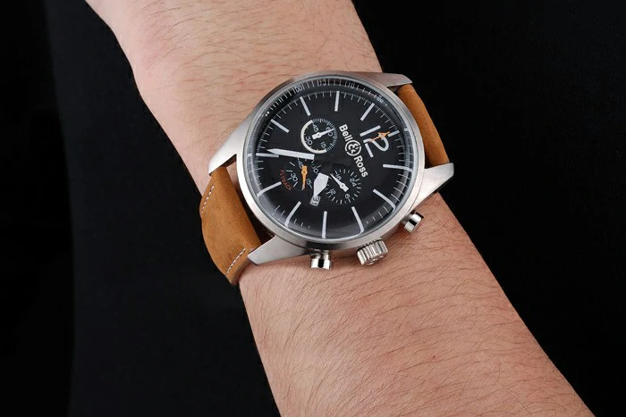 Bell and Ross BR126 Flyback Black Dial Silver Case Brown Suede Leather Strap new121197