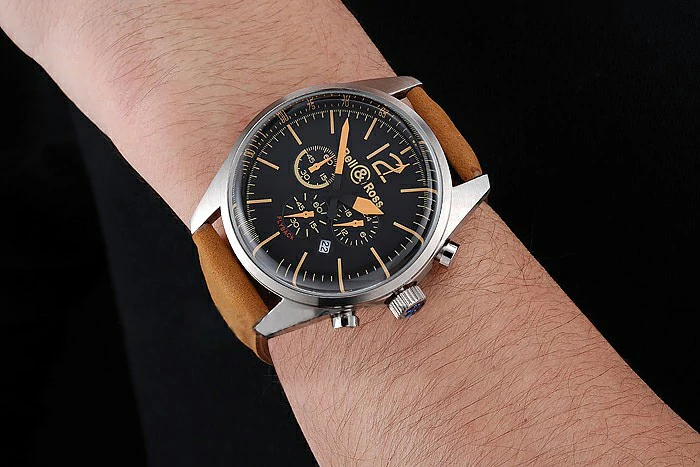 Bell and Ross BR126 Flyback Black Dial Silver Case Gold Numerals Brown Suede Leather Strap new121198