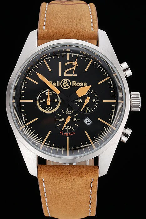 Bell and Ross BR126 Flyback Black Dial Silver Case Gold Numerals Brown Suede Leather Strap new121198