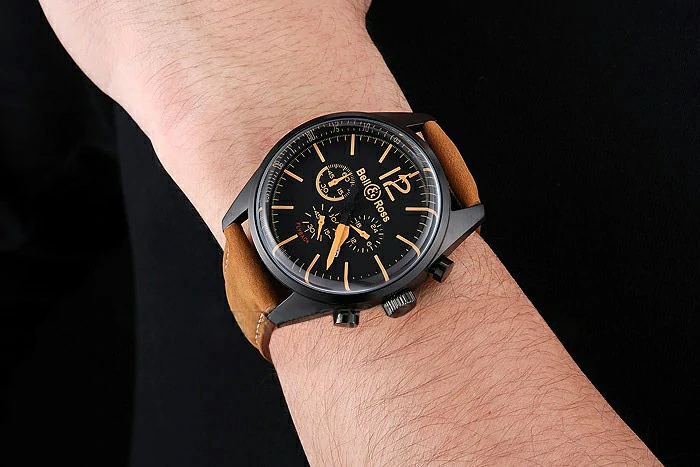 Bell and Ross BR126 Flyback Black Dial Black Case Gold Numerals Brown Suede Leather Strap new121201