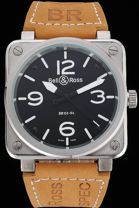 Bell and Ross BR 01 94 Black Dial Silver Case Brown Leather Strap new121203