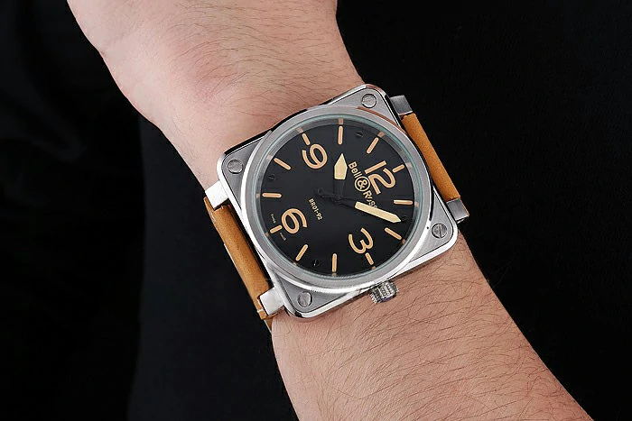 Bell and Ross BR 01 92 Black Dial Silver Case Gold Numerals Brown Leather Strap new121204