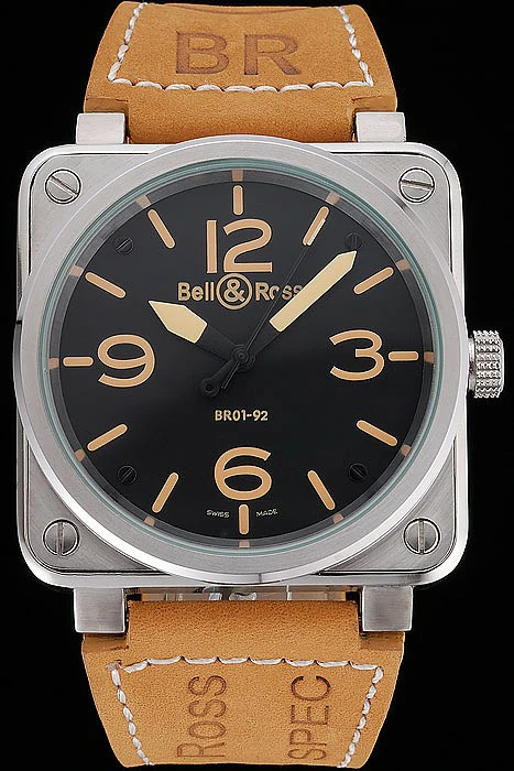 Bell and Ross BR 01 92 Black Dial Silver Case Gold Numerals Brown Leather Strap new121204