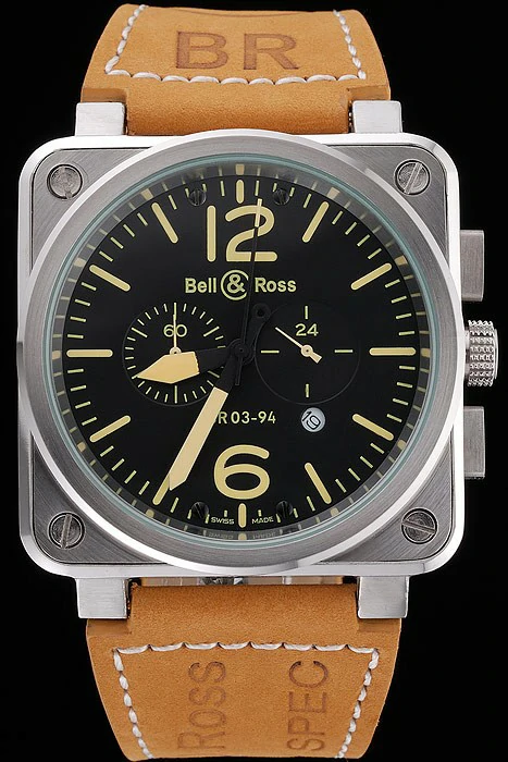 Bell and Ross BR 03 94 Black Dial Silver Case Brown Leather Strap new121209