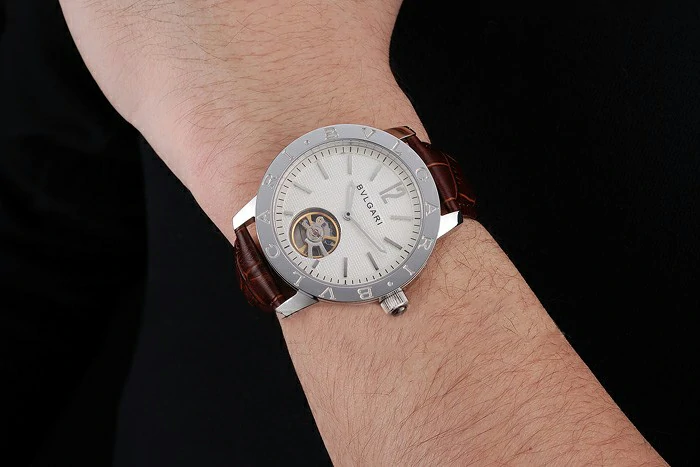 Bvlgari Tourbillon White Dial Silver Case Brown Leather Strap new121221