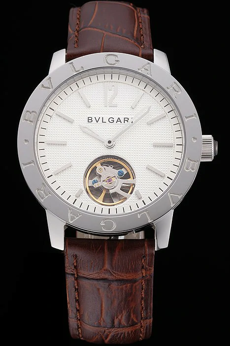 Bvlgari Tourbillon White Dial Silver Case Brown Leather Strap new121221