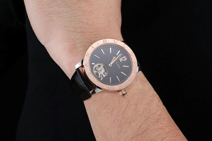 Bvlgari Tourbillon Black Dial Gold Case Black Leather Strap new121223