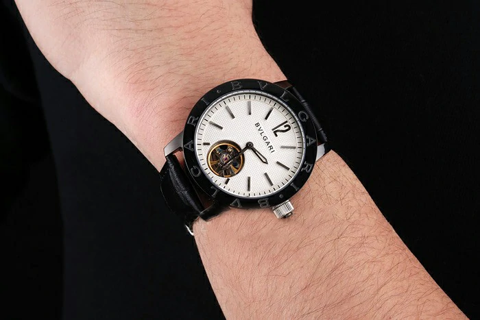 Bvlgari Tourbillon White Dial Black Case Black Leather Strap new121227