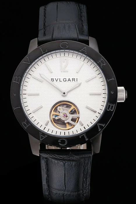 Bvlgari Tourbillon White Dial Black Case Black Leather Strap new121227