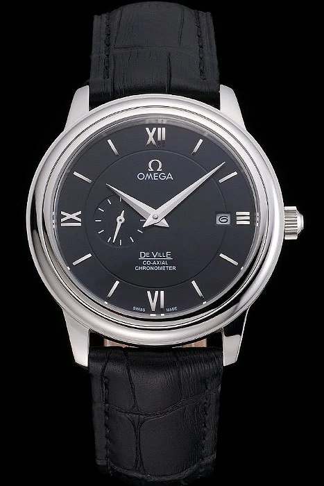 Omega De Ville Prestige Co Axial Black Dial Silver Case Black Leather Strap Roman Numeral new121237