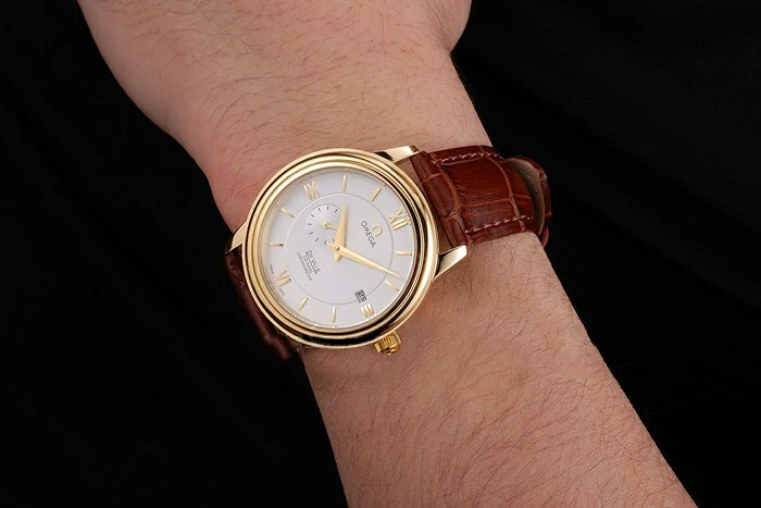 Omega De Ville Prestige Co Axial White Dial Gold Case Brown Leather Strap Roman Numeral new121238