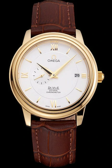 Omega De Ville Prestige Co Axial White Dial Gold Case Brown Leather Strap Roman Numeral new121238