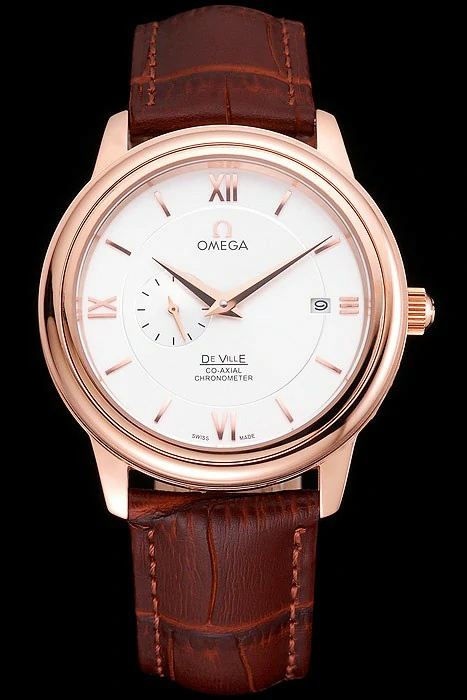 Omega De Ville Prestige Co Axial White Dial Rose Gold Case Brown Leather Strap Roman Numeral new121240