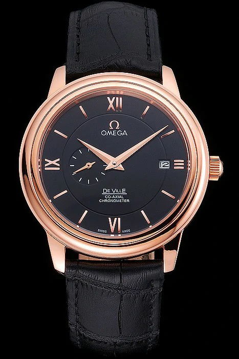 Omega De Ville Prestige Co Axial Black Dial Rose Gold Case Black Leather Strap Roman Numeral new121241