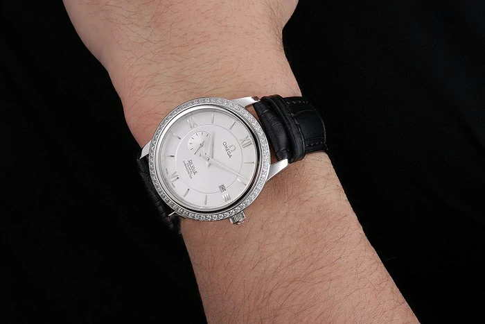 Omega De Ville Prestige Co Axial White Dial Silver Diamond Case Black Leather Strap Roman Numeral new121242