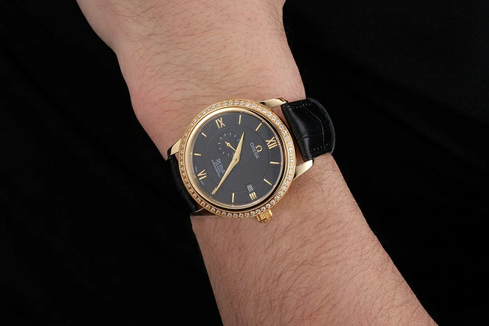 Omega De Ville Prestige Co Axial Black Dial Gold Diamond Case Black Leather Strap Roman Numeral new121244