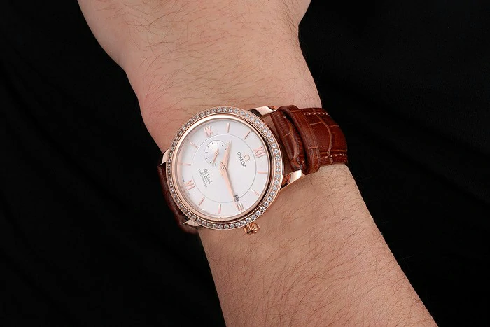 Omega De Ville Prestige Co Axial White Dial Rose Gold Diamond Case Brown Leather Strap Roman Numeral new121245