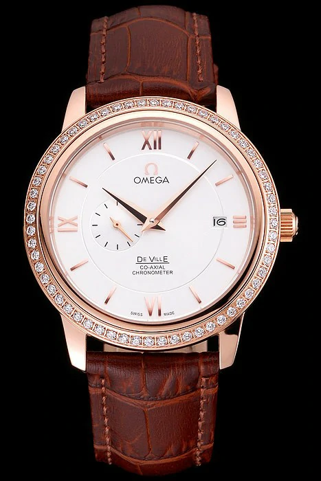 Omega De Ville Prestige Co Axial White Dial Rose Gold Diamond Case Brown Leather Strap Roman Numeral new121245