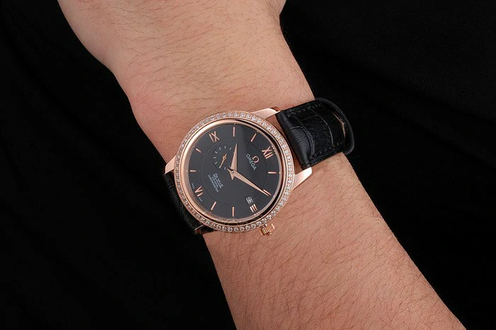 Omega De Ville Prestige Co Axial Black Dial Rose Gold Diamond Case Black Leather Strap Roman Numeral new121246