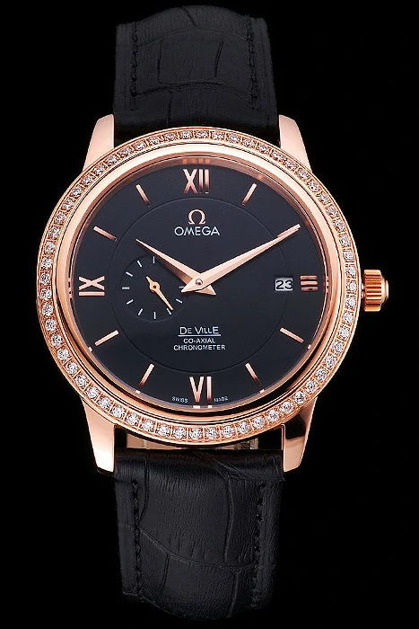 Omega De Ville Prestige Co Axial Black Dial Rose Gold Diamond Case Black Leather Strap Roman Numeral new121246