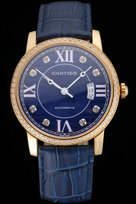 Cartier Ronde Solo Blue Dial Gold Diamond Case Blue Leather Strap new121247