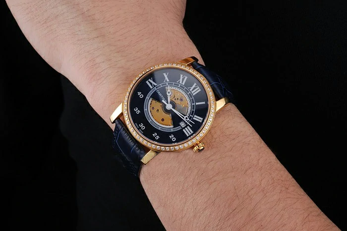 Cartier Rotonde Small Complication Blue Dial Gold Diamond Case Blue Leather Strap new121250