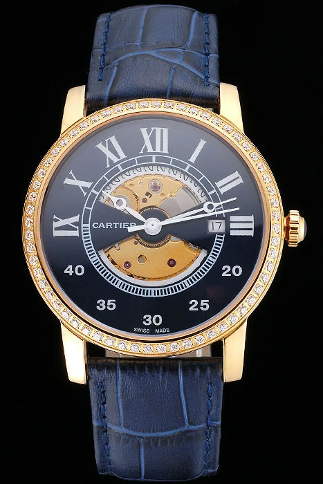Cartier Rotonde Small Complication Blue Dial Gold Diamond Case Blue Leather Strap new121250