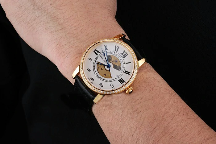 Cartier Rotonde Small Complication White Dial Gold Diamond Case Black Leather Strap new121252