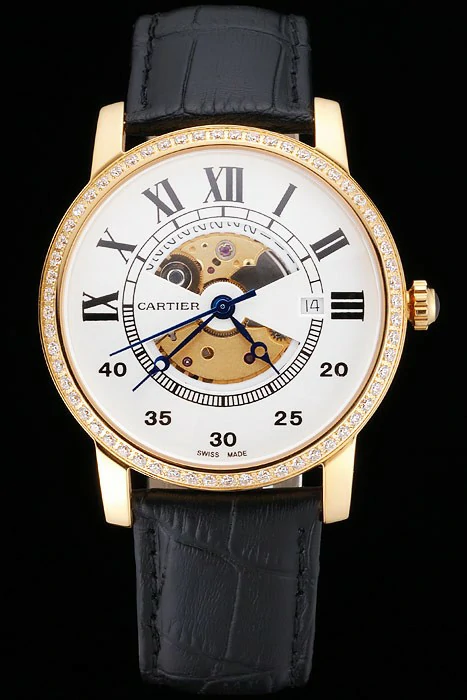 Cartier Rotonde Small Complication White Dial Gold Diamond Case Black Leather Strap new121252