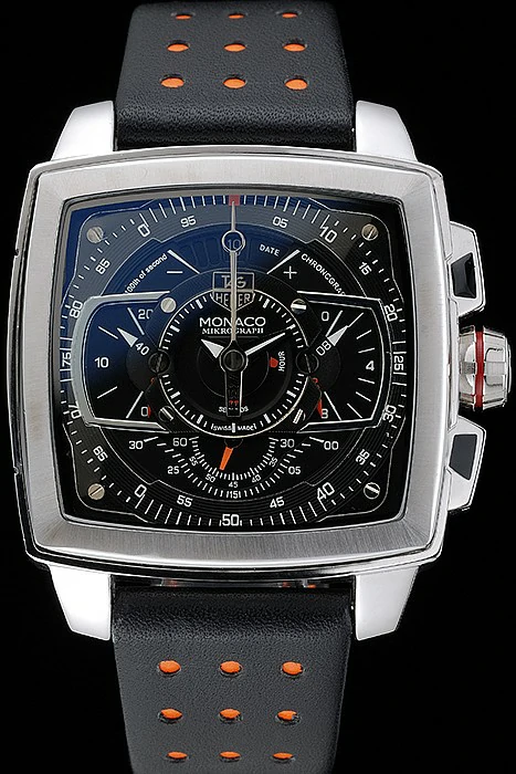Tag Heuer Monaco Mikrograph Black Leather Strap Black Dial new121322