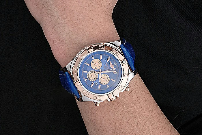Breitling Chronomat Blue Dial Rose Gold Bezel And Subdials Stainless Steel Case Blue Leather Strap new121341