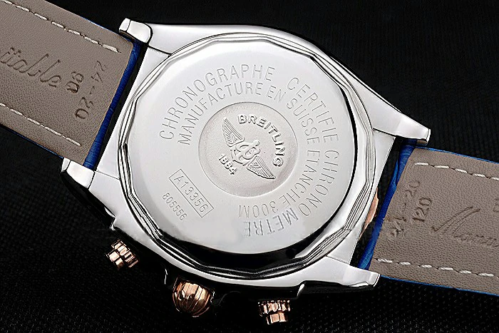 Breitling Chronomat Blue Dial Rose Gold Bezel And Subdials Stainless Steel Case Blue Leather Strap new121341
