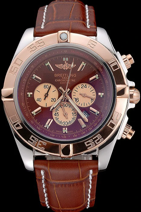 Breitling Chronomat Brown Dial Rose Gold Bezel And Subdials Stainless Steel Case Brown Leather Strap new121342