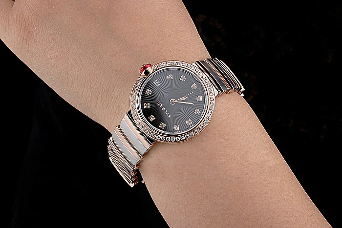 Bvlgari Lvcea Black Dial Diamond Hour Markings Rose Gold Case With Diamonds Two Tone Bracelet new121351