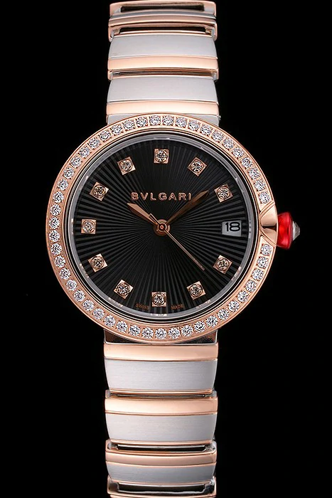 Bvlgari Lvcea Black Dial Diamond Hour Markings Rose Gold Case With Diamonds Two Tone Bracelet new121351