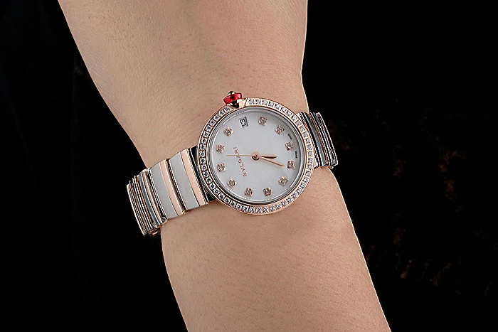 Bvlgari Lvcea White Dial Diamond Hour Markings Rose Gold Case With Diamonds Two Tone Bracelet new121353