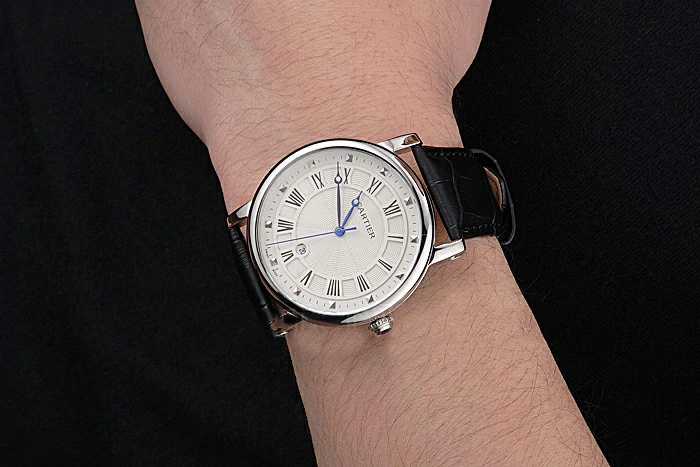Cartier Rotonde Date White Dial Stainless Steel Case Black Leather Strap new121355