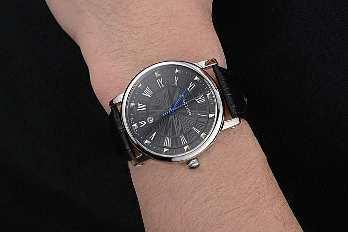 Cartier Rotonde Date Black Dial Stainless Steel Case Black Leather Strap new121356