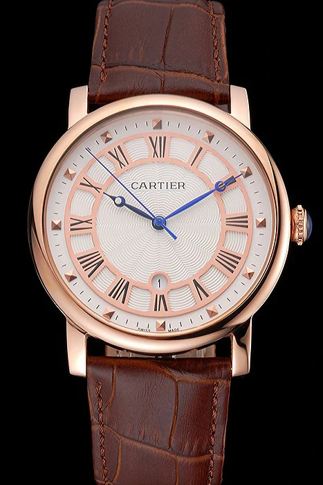 Cartier Rotonde Date White Dial Rose Gold Case Brown Leather Strap new121357