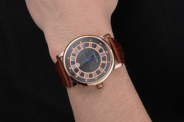 Cartier Rotonde Date Black Dial Rose Gold Case Brown Leather Strap new121358