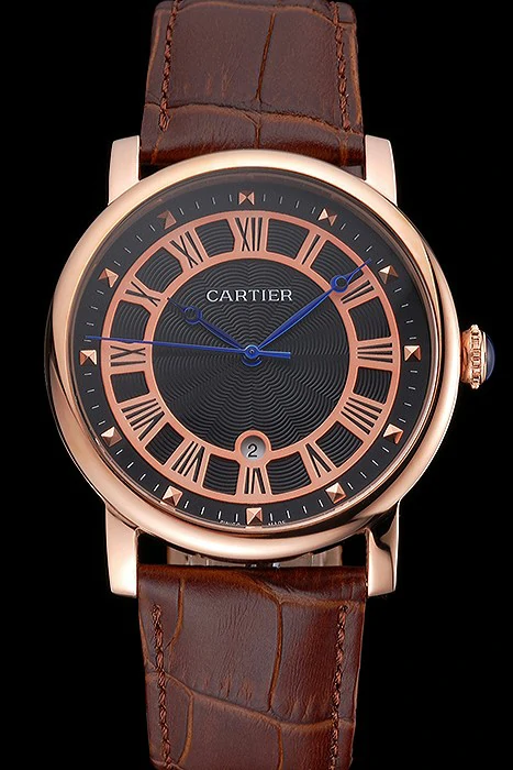Cartier Rotonde Date Black Dial Rose Gold Case Brown Leather Strap new121358