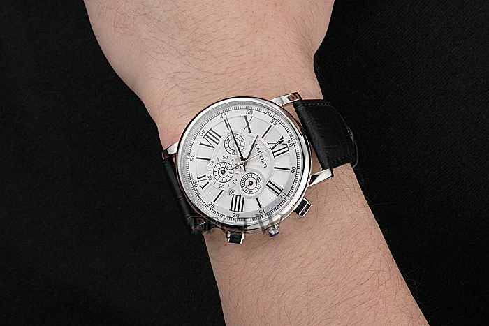 Cartier Rotonde Chronograph White Dial Stainless Steel Case Black Leather Strap new121359