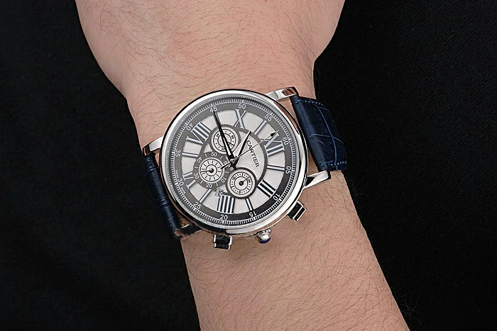 Cartier Rotonde Chronograph Black And White Dial Stainless Steel Case Blue Leather Strap new121360