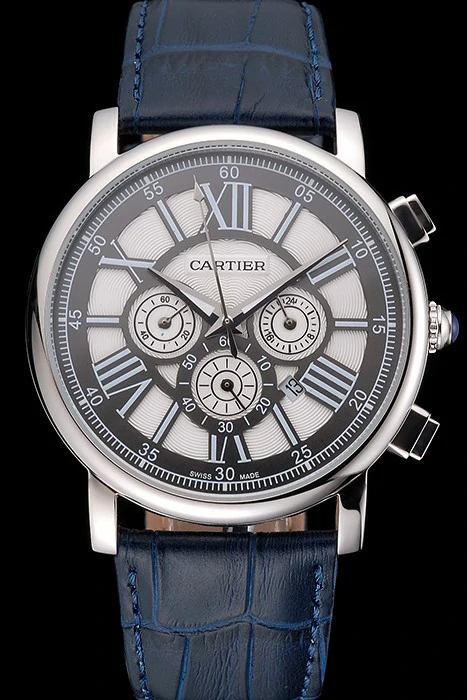 Cartier Rotonde Chronograph Black And White Dial Stainless Steel Case Blue Leather Strap new121360