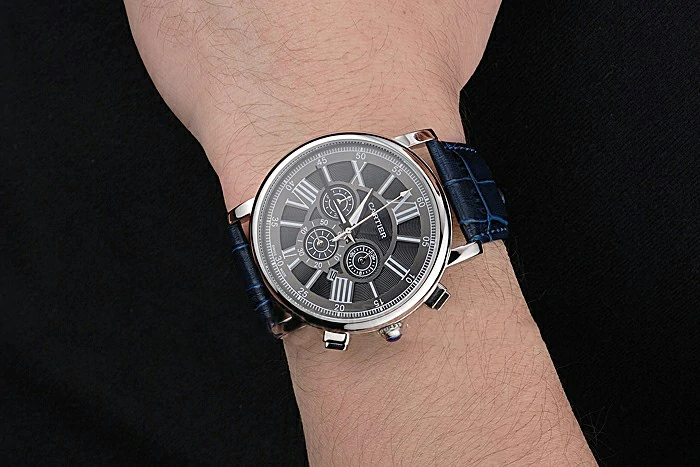 Cartier Rotonde Chronograph Black Dial Stainless Steel Case Blue Leather Strap new121361